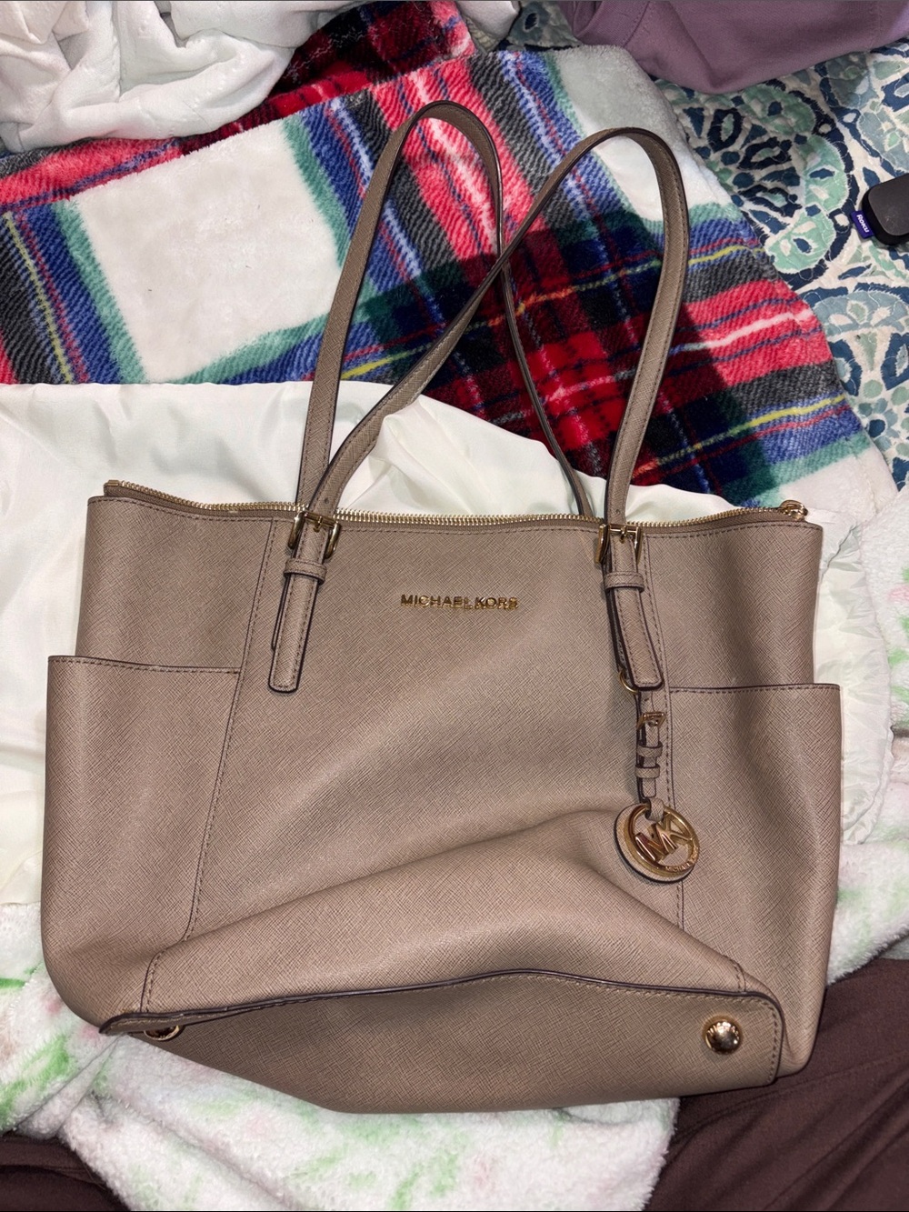Michael Kors Taupe Saffiano Tote with Gold Hardware